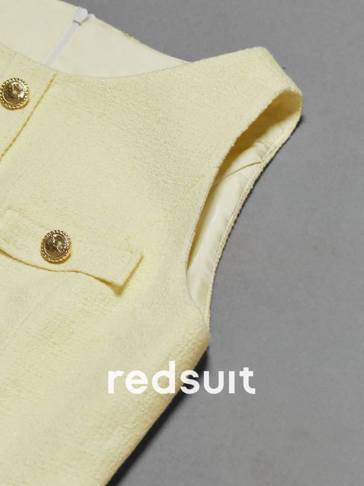 New gentle wind yellow lightweight floral round neck gold buckle sleeveless dress Custom size