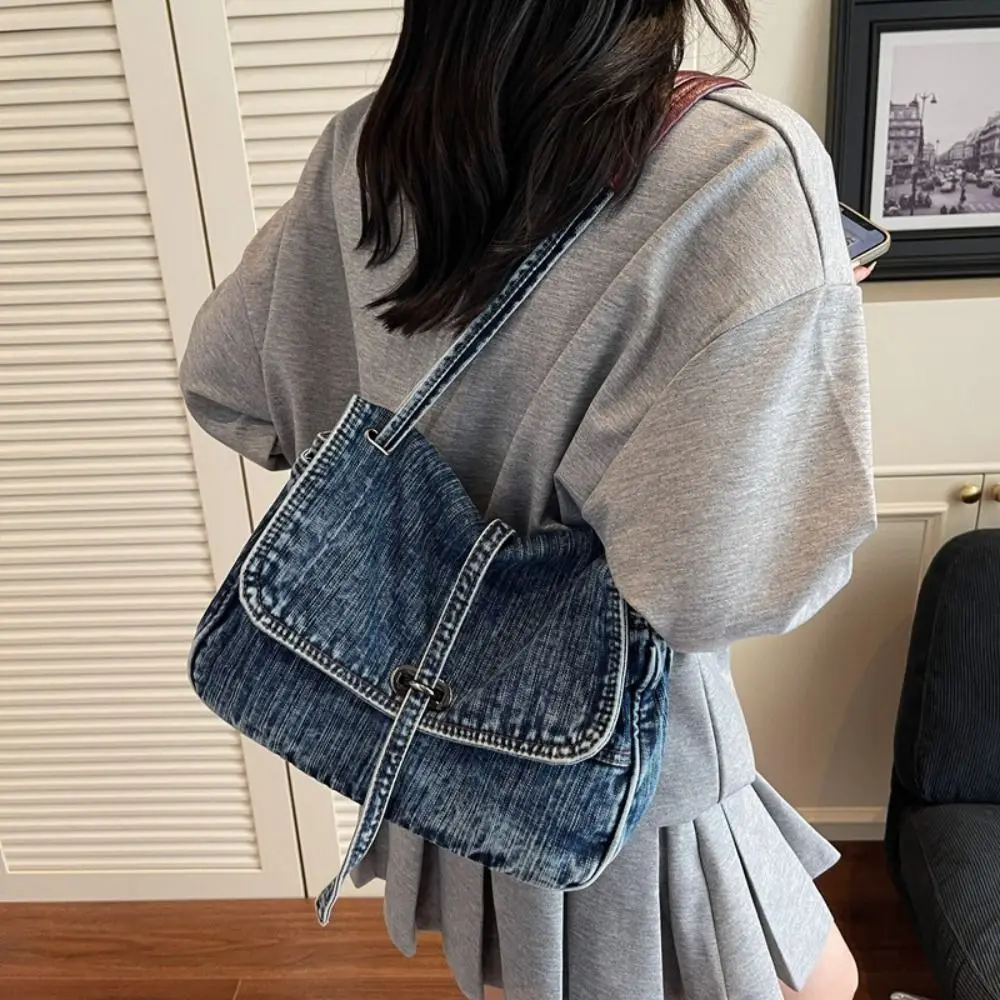 

Fashionable Retro Denim Cloth Bag Large Capacity Shopping Bag Canvas Shoulder Bag Simple Solid Color Canvas Tote Bag Outdoor