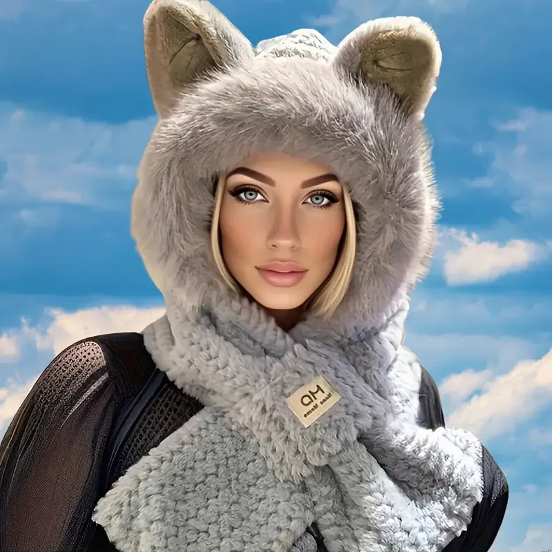 

Осенне-зимняя модная плюшевая теплая шапка с лисьими ушками и шарфом для женщин, зимний комплект из двух предметов с милыми животными, утеплитель для шеи