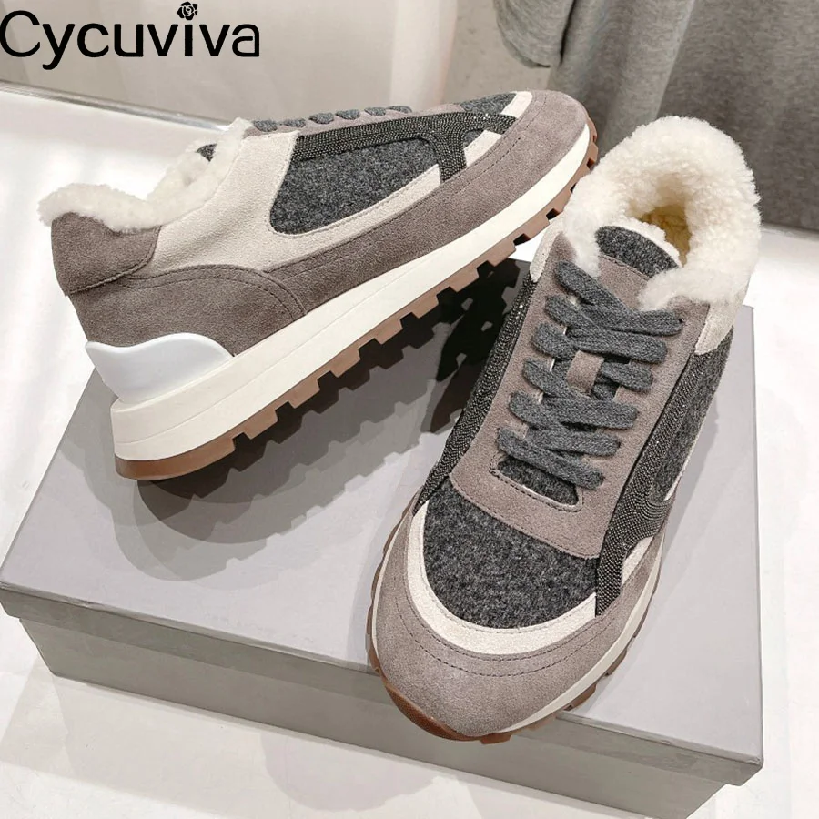 Designer New Leather Lace Up Platform Shoes Women Thick Sole Wool Fur Flats Autumn Casual Party Vacation Walking Shoes For Women