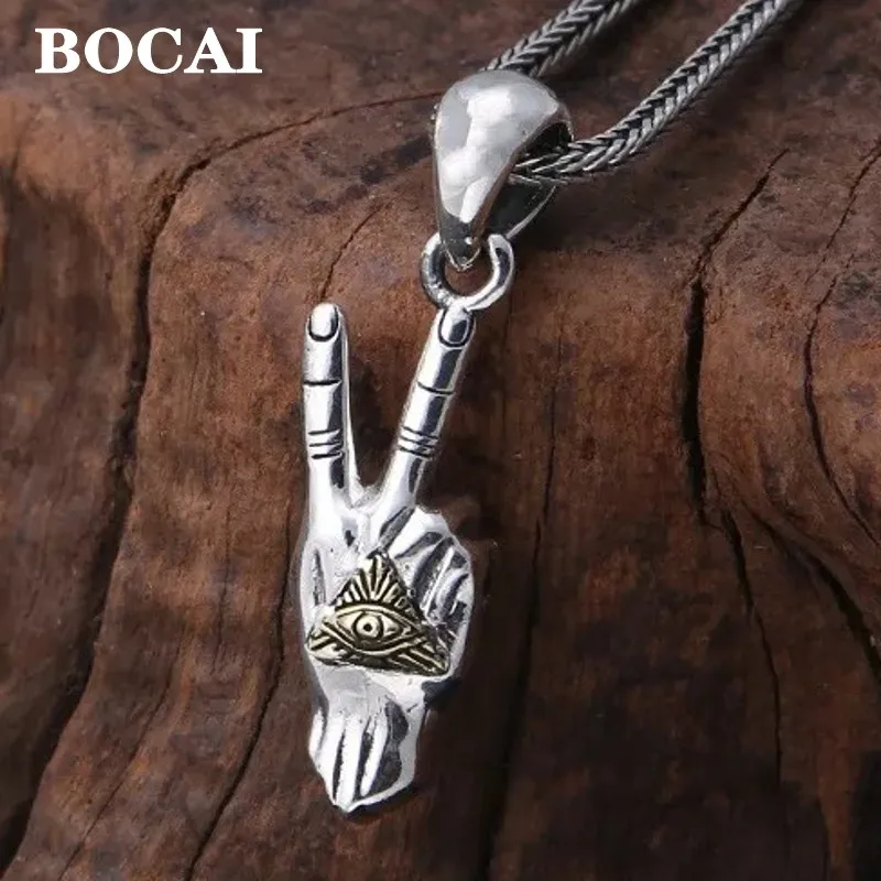 BOCAI Wholesale Real S925 Silver Jewelry Victory Gesture Wisdom Eye Men's and Women's Pendants Trendy Gifts