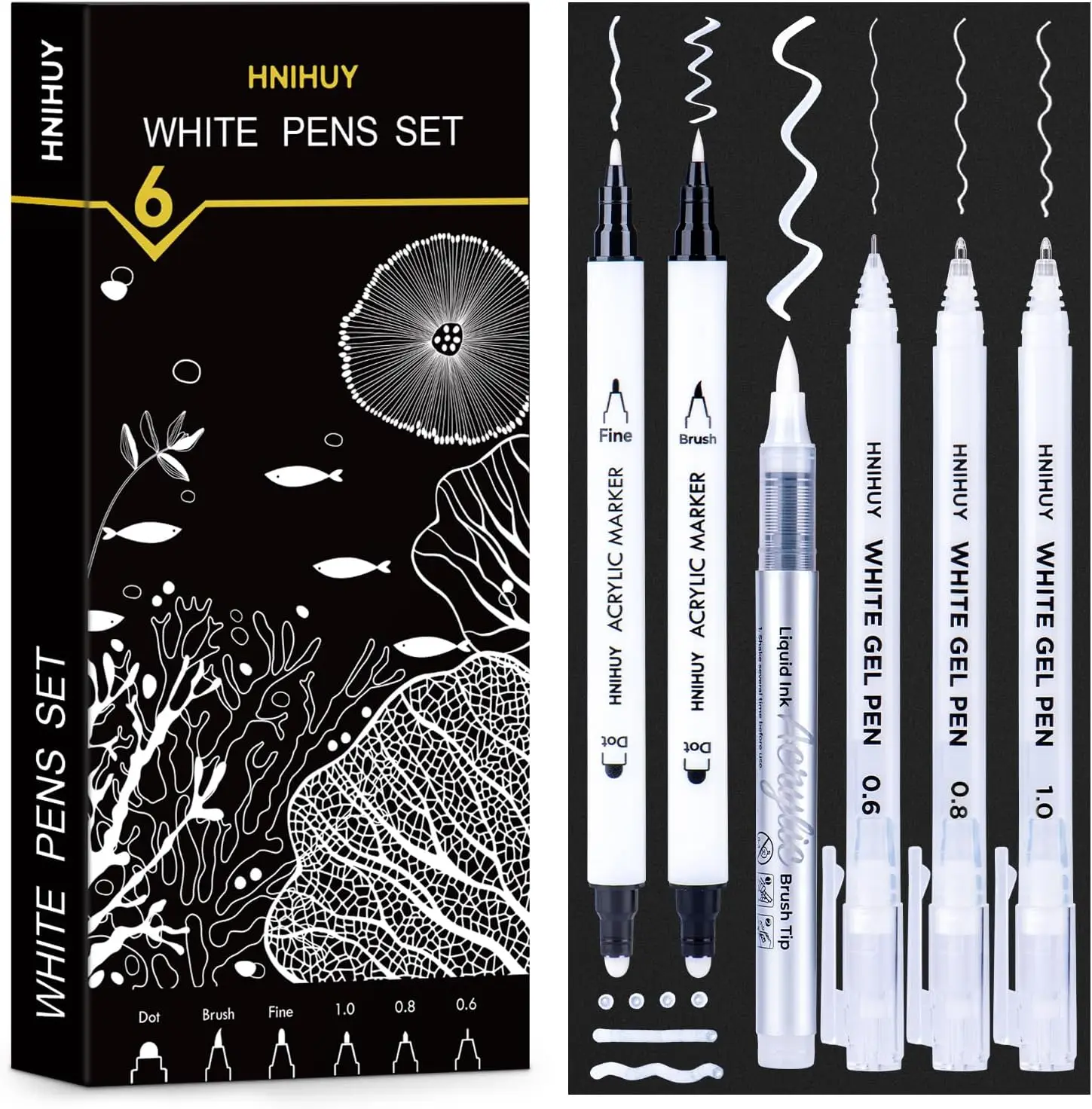 

White Ink Pens, Fine Point Gel & Brush Tip Markers for Black Paper Drawing, Sketching, Illustration, Card Making - 6 Pack