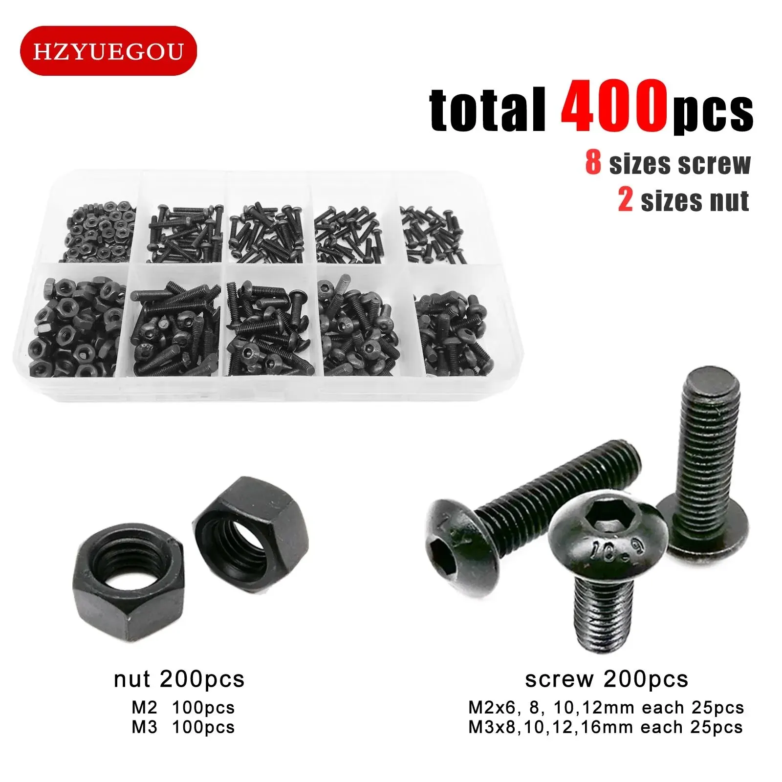 400pcs M2 M3 10 Sizes Allen Hexagon Hex Socket Button Head Screw Bolt Hex Nut Set Mix Assortment Kit Box Black Grade 10.9 Steel