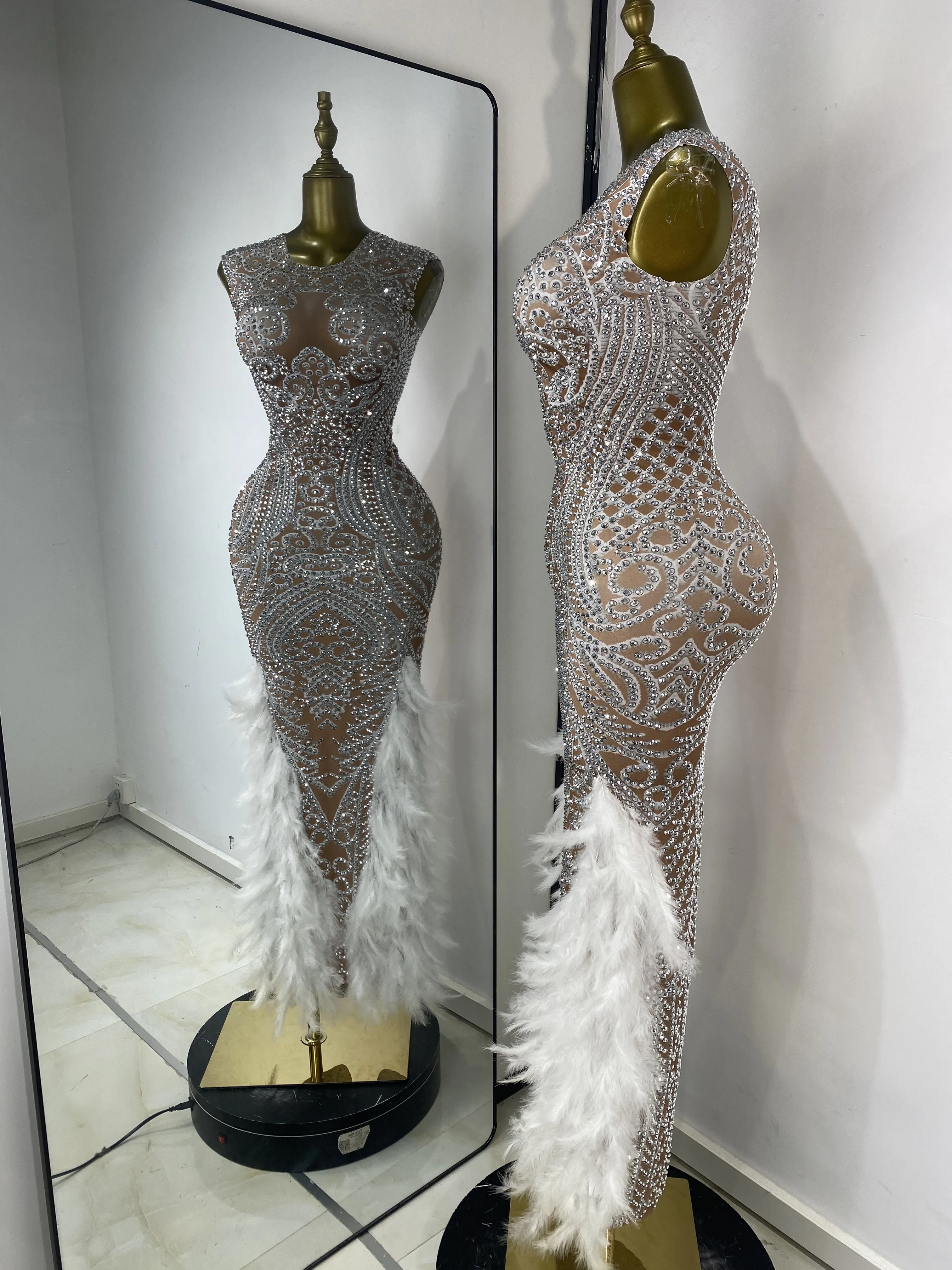 المرأة الفاخرة سباركلي الراين دنة مطبوعة الريش تنحنح فستان عيد ميلاد طويل بريق المشاهير مساء حفلة المدرج العباءات #3