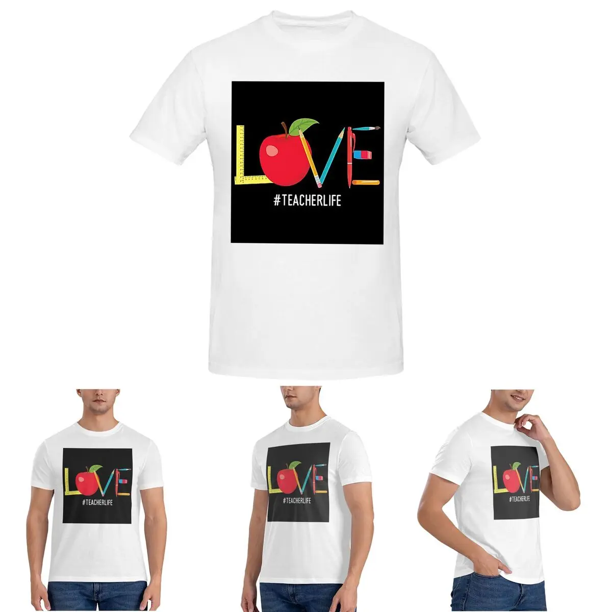 

Love Teacher Life Apple Pencil T-Shirt for Men Cotton Plus Size T Shirts Men's Tees Short Round Neck Summer Clothes Tops S-6XL