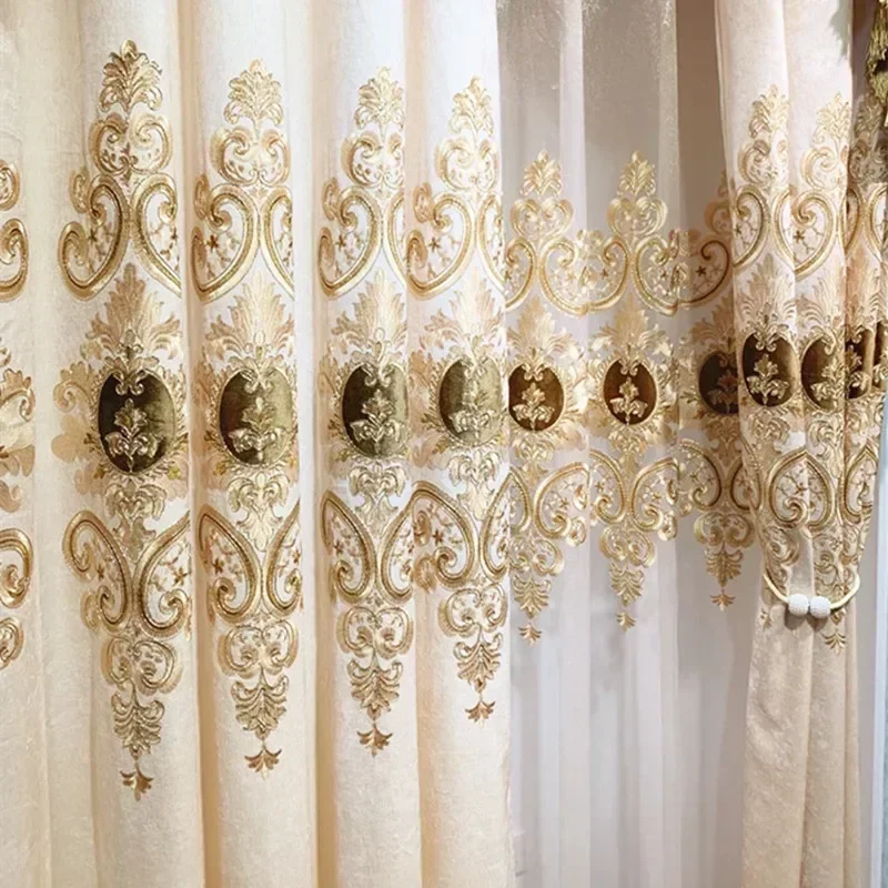 European Style Chenille Embroidered Blackout Villa Beige Curtains For Living Room High Quality  Custom Voile Curtain For Bedroom