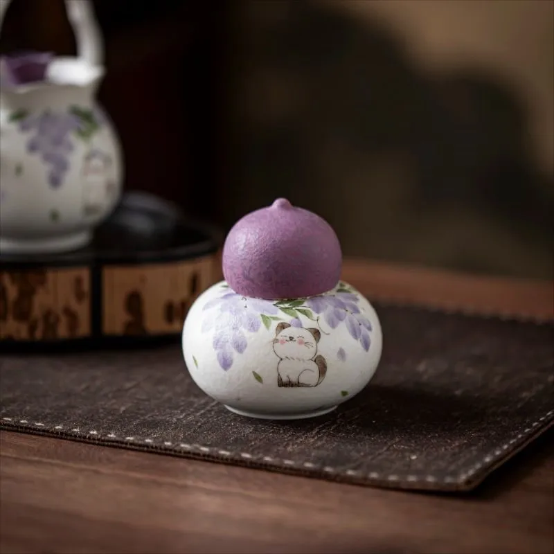 Chinese Creative Gourd Shaped Decorative Tea Jar Purple Ceramic Underglaze Color Craft Wisteria Flower Cat Tea Storage Jar ZI712