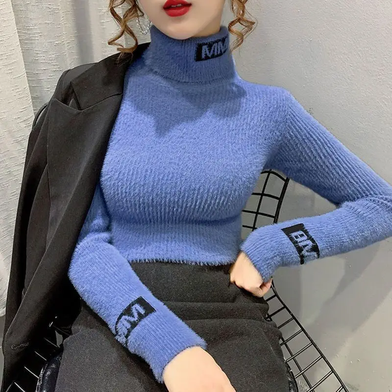 Women\'s 2024 Autumn and Winter Pullover Turtleneck Sweater Bottom Stone Commute Long Sleeve Letter Printed New Slim Knitted Tops