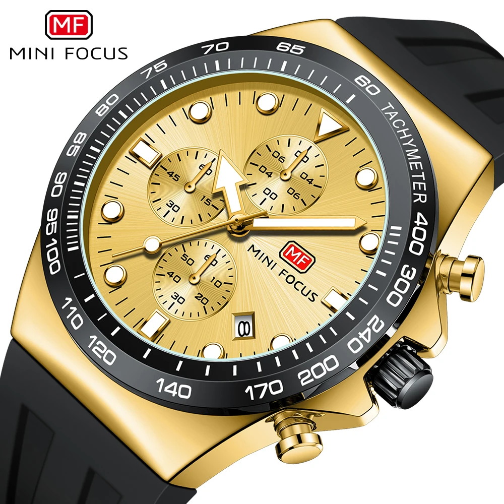 MINI FOCUS Gold Quartz Watch for Men Three Sub-Dials Luxury Brand Chronograph Waterproof Watches Military Silicone Strap 0490G