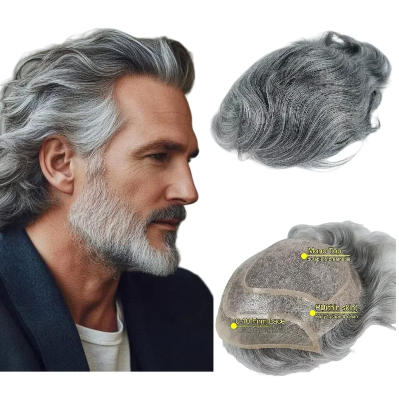

Мужской парик из 100% человеческих волос, серая смешанная моно-база, 8x10 дюймов, кружево с основой из искусственной кожи, цвета 1B40 # Система волос 613 1BT60