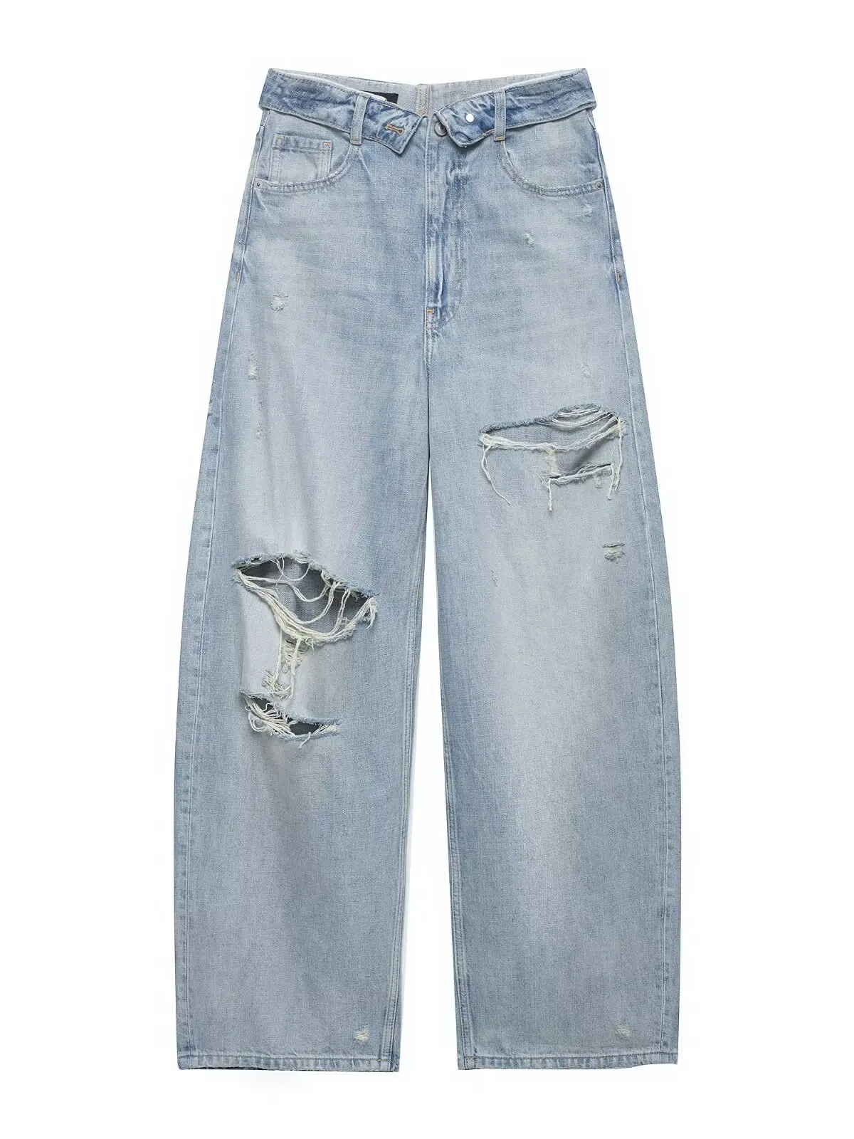 Street Style Vintage Dirty Feeling Hole Cut Waist Denim Jeans Women's Fashion mid Waist Cuffed Wide Leg Long Trousers