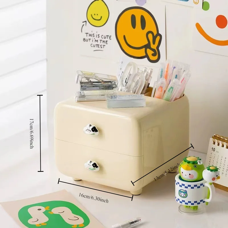 Multifunctional Cream Style Pen Holder Organizer Desktop Stationery Pencil Storage Box Drawer Desk Cute Multi-layer Storage Box