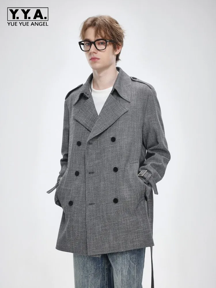 2026 Autumn Mens Double Breasted Windbreaker Coat Work Male Belt Lapel Collar Trench Coats Business Casual Handsome Jackets