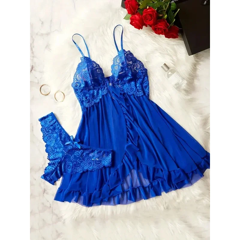 Women nightdress sexy lace fossil bow nightgown mini dress V neck full slip babydoll lingerie sleepy Wear & dresses