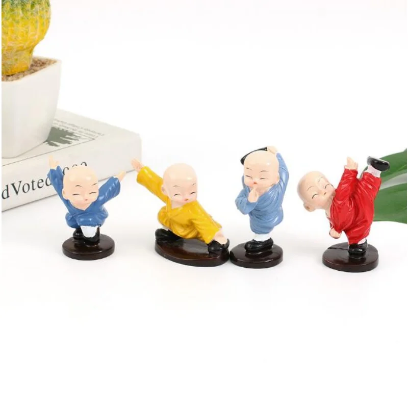 Miniaturas de Escritorio de Monje Shaolin Kawaii, Pequeño Monje Kung Fu, Figuras de Resina, Adornos, Regalos para Niños, Decoración del Hogar, 4 Piezas