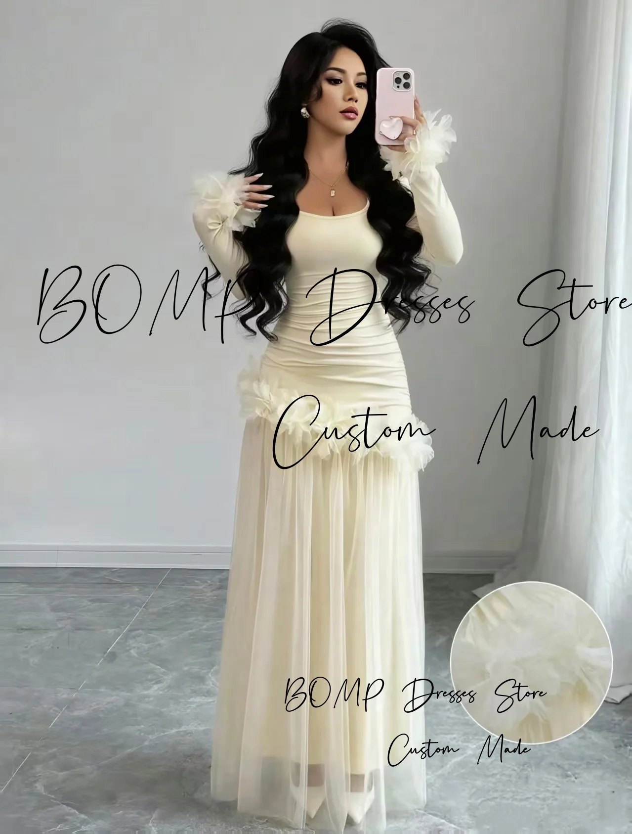 

BOMP Elegant Lemon Evening Dress Sweetheart Full Sleeves Draped Flowers Chiffon with Tulle Arabic Wedding Party Prom Gwon Custom
