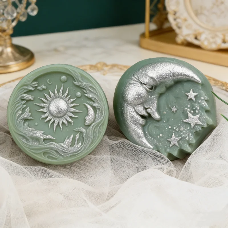 Ramadan 3D Flat Relief Stars Silicone Round Mold DIY Moon with Sun Soap Mold Embossed Sun Winding Moon Candle Mold Soap Crafts