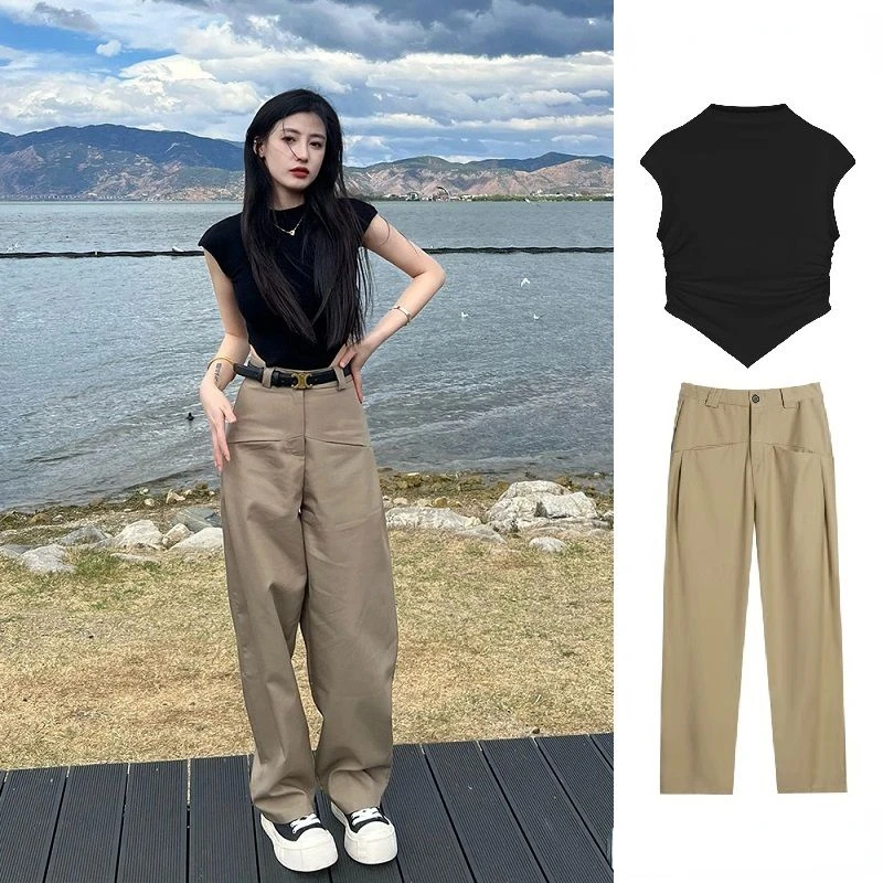 Summer Retro Hong Kong Style Explosion Ageing Salt Department Casual Fashion Top Wide Leg Pants Two-piece Suit Female