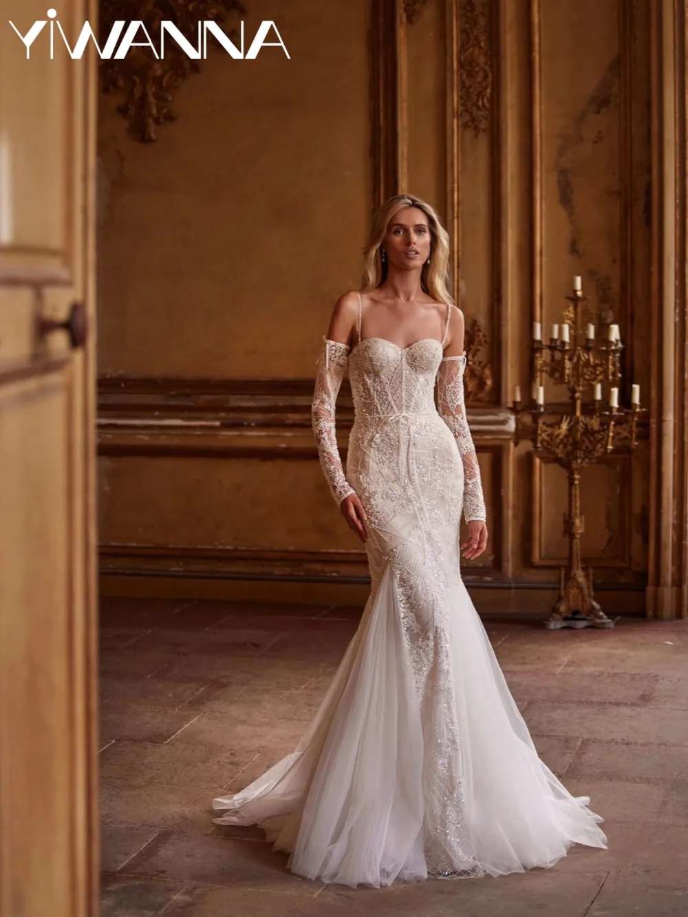 Opulent Beaded Mermaid Long Wedding Dress Detachable Sleeve Lace Bridal Gown 2026 Customzied Sweetheart Neck Dresses For Bride