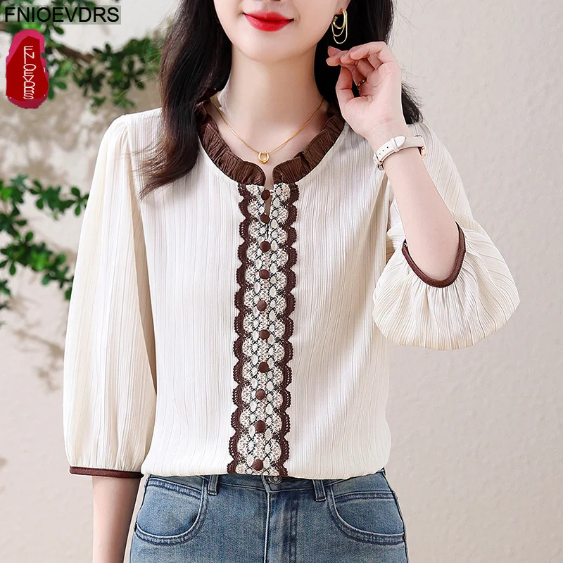 Retro Vintage Stand Collar Tops Blouses Women's 2026 Summer Half Sleeve Ruffle Lace Elegant Office Lady Floral Print Shirts