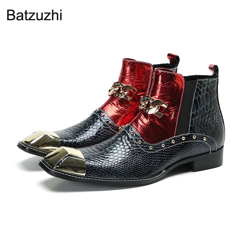 

Batzuzhi Fashion Western Boots Men Iron Toe Men's Boots Genuine Leather Zip Motorcycle, Party Boots for Men, Big Size 38-47