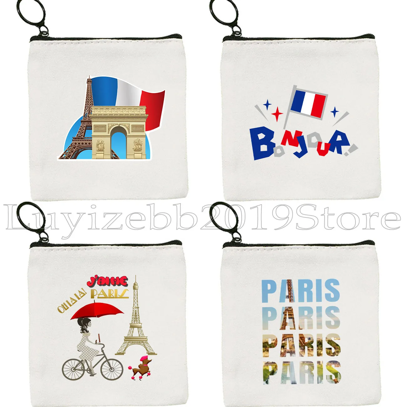 Liebe Paris Frankreich Karte Flagge Eiffelturm Stadt Sehenswürdigkeiten Mops Leben Leinwand Tasche Geldbörse Schlüsseletui Tasche Brieftasche Reißverschlusstasche