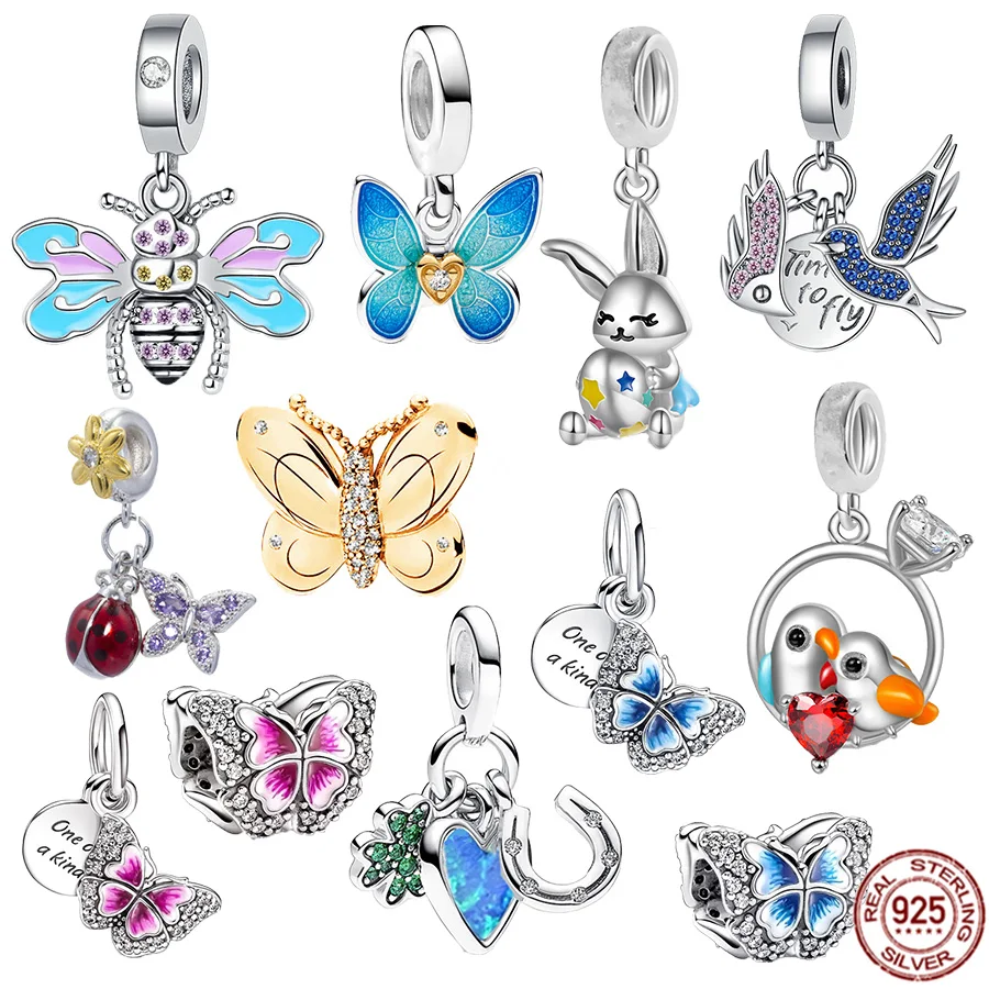 Colgante Brillante De plata de ley 925, dije de mariposa rosa, azul, dorada, pájaro, conejo, compatible con pulsera Pandora Original, joyería artesanal