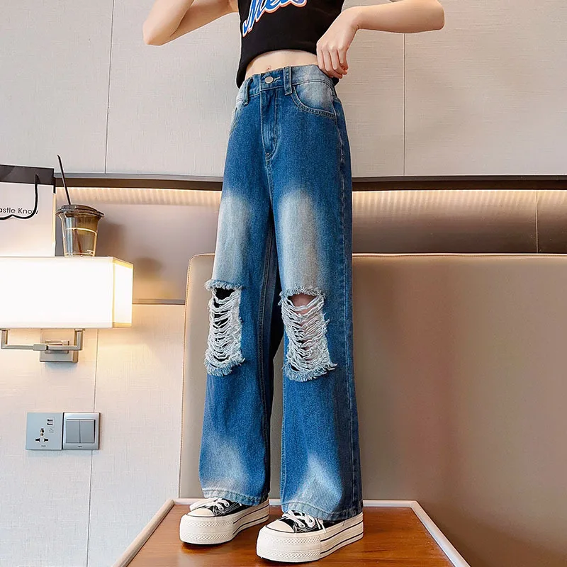 Summer Teenages Girls Hole Jeans 5 6 8 10 12 14 15 Years Kids Denim Trousers 2023 New Big Girls Gradient Wide Leg Pants Clothes