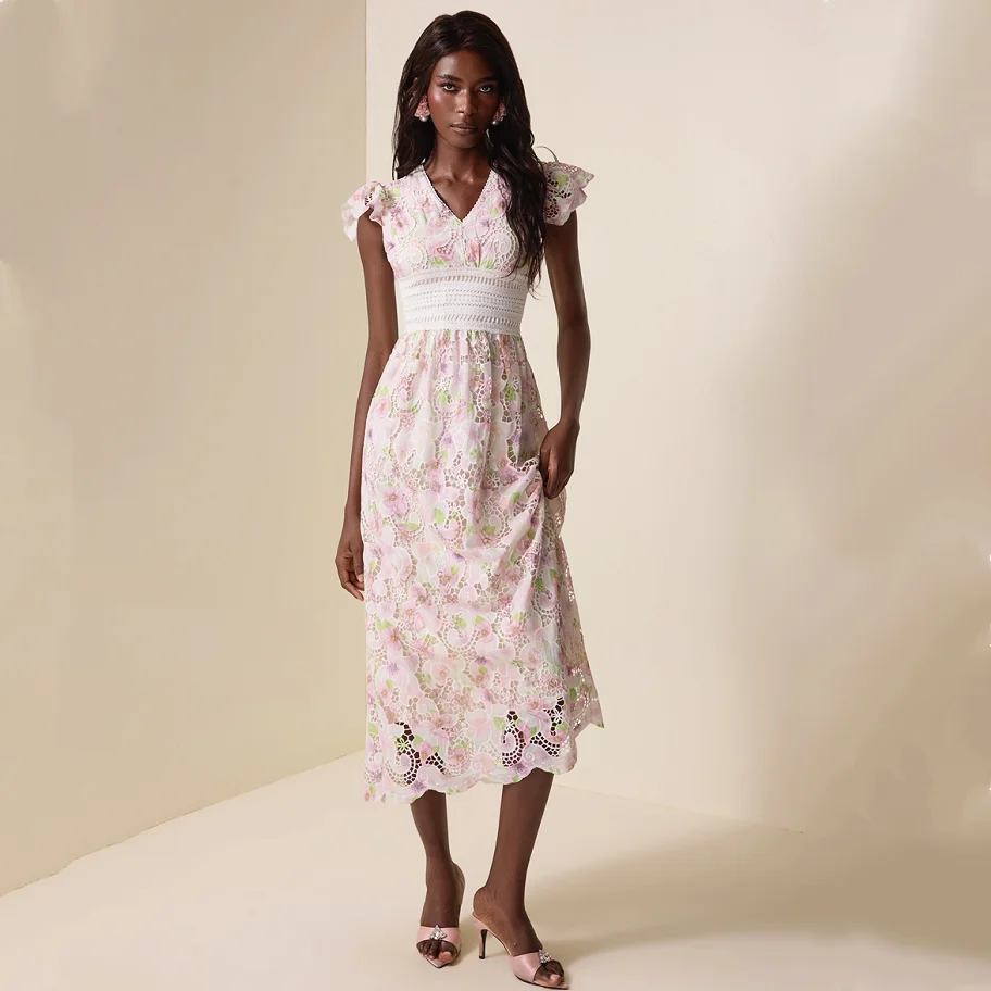 

Elegant Evening Gown Dress Vintage V-Neck Soluble Lace Embroidery Hollow out Floral Ear Long Sleeve Slimming Waist Dress