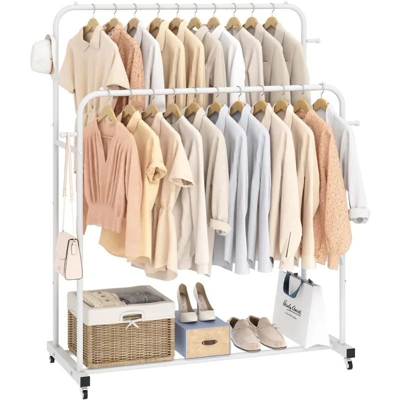 

Double Rods Garment Rack with Wheels, Clothing Rack for Hanging Clothes,4 Hooks, Multi-functional Bedroom Clothes Rack, White