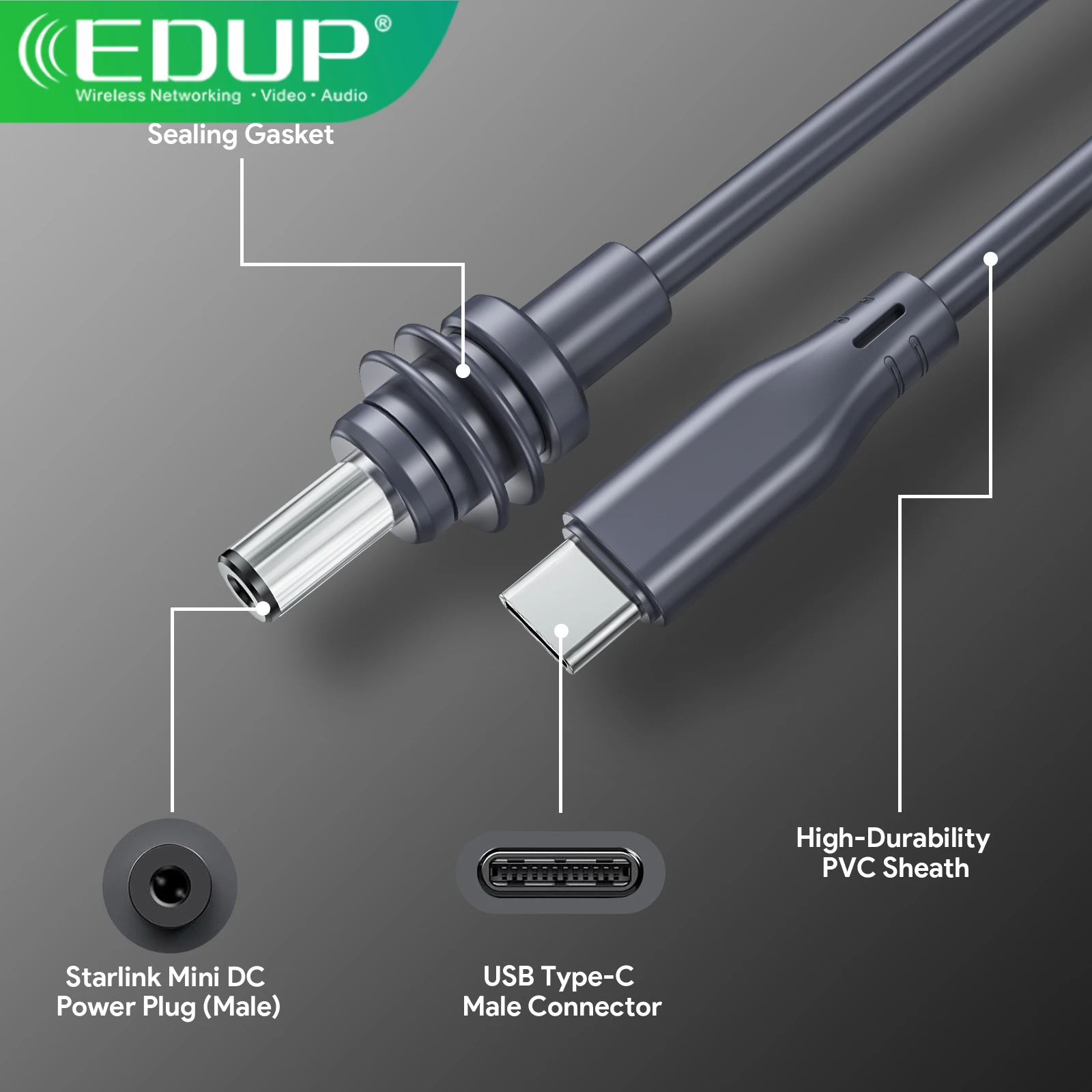 

EDUP SK0087-10M Starlink USB TypeC to DC Power Adapter Cable for MINI Compact Waterproof Portable TYPE C to DC PLUG Power Cable