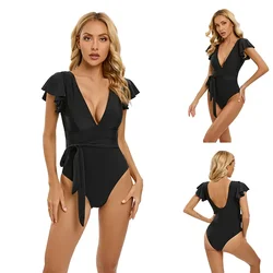 One Piece Swimsuits for Women Ruffle Strap V Neck Tankinis Hollow Cutout Knot Front Solid Bathing Suit Sexy Slimming Bikinis