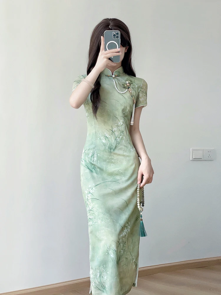 Ting Yue Ling Young Sle  Ele Chinese Design Daily Wear Summer Long Dr ort Sve Low Slit for Girls