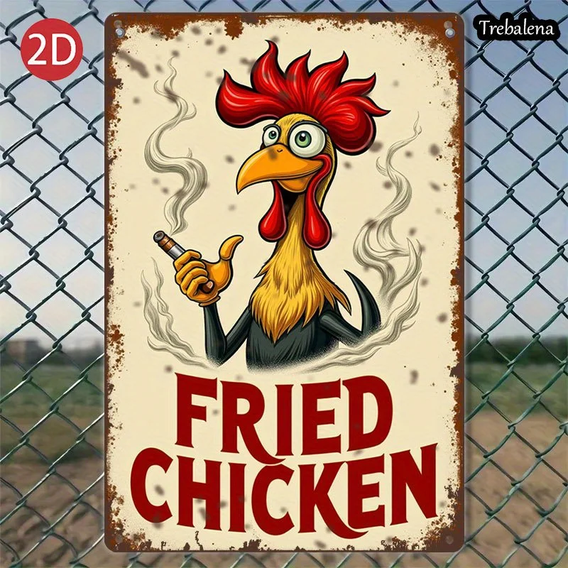 Escultura de pared de metal en relieve vintage | Lata, pollo frito/gallo/arte de fumar, rústico, regalo de Halloween y Navidad