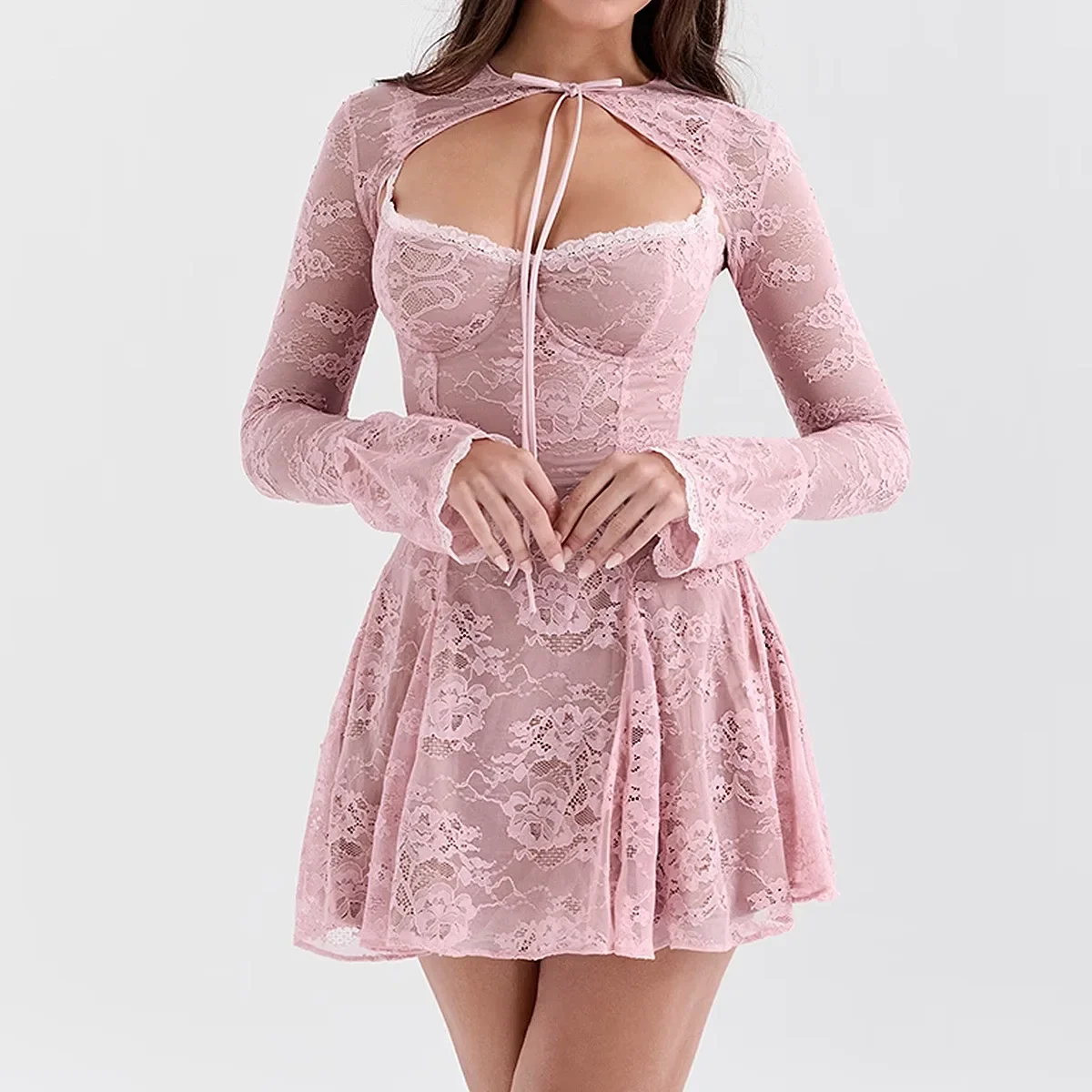 Talenza Pink Lace Slip Dress Women's O-Neck A-Line High Waist Pleated Mini Dress Elegant Flared Long Sleeves Lace-Up Mini Dress
