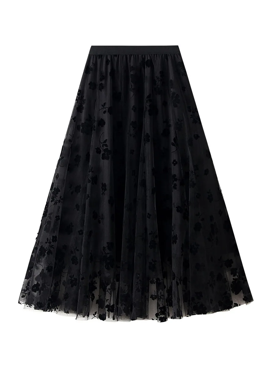 

Женская юбка-миди, французская элегантная бархатная сетчатая юбка трапециевидной формы с эластичной резинкой на талии и цветочным принтом на весну и осень