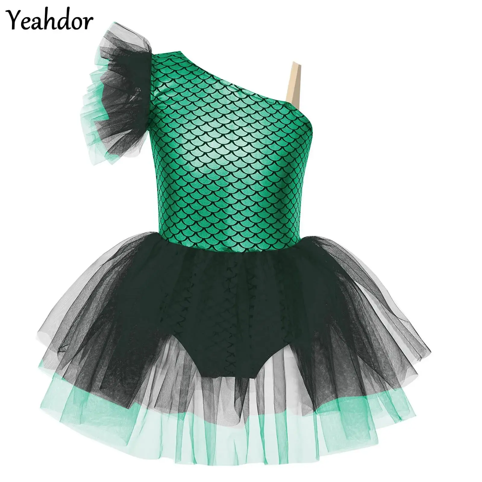 

Halloween Girls Mermaid Dance Leotard Ballerina Ballet Tutu Dress One Shoulder Fish Scales Metallic Gymnastics Skating Bodysuit