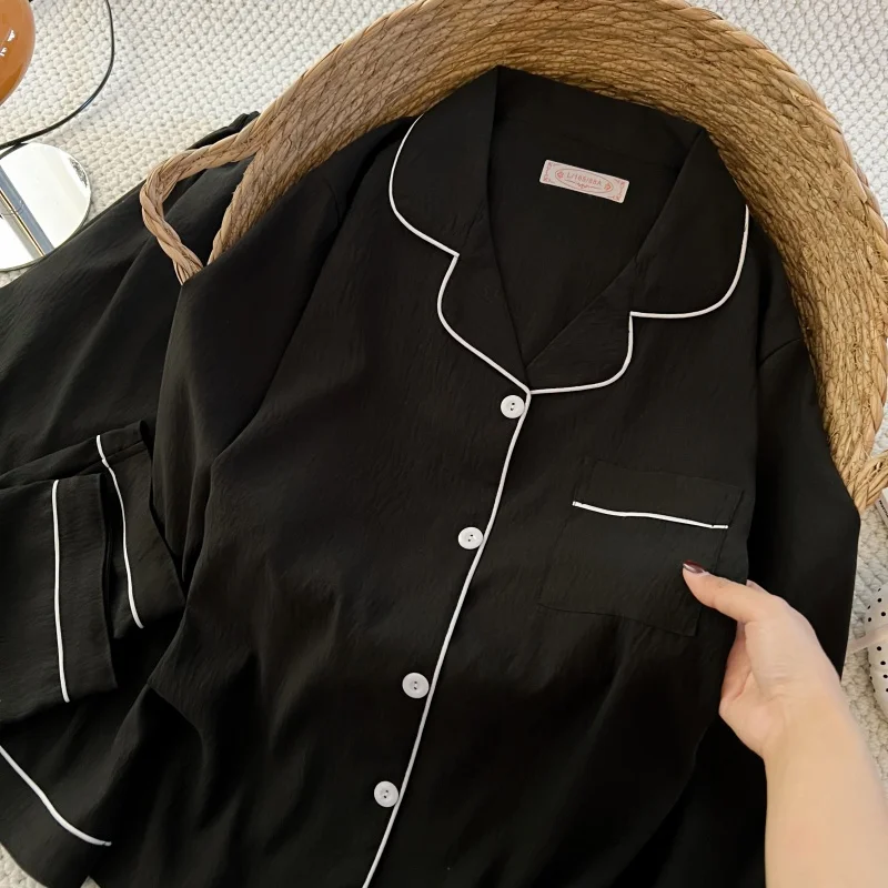 Übergrößen Damen Einfarbiger Lässiger Pyjama-Set Einfache Langarm-Schlafanzüge mit Knopfleiste Frühling Reverskragen Weicher Zweiteiliger Loungewear – Detail 7