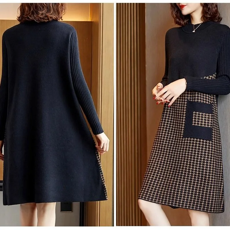 Autumn Winter New Half High Collar Long Sleeve Midi Dress Women High Street Plaid Printing Dresses Elegant Pocket Knitting Robe