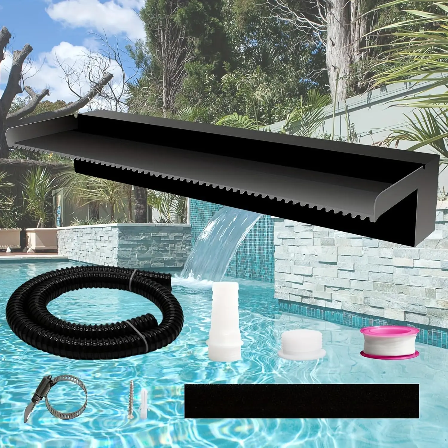 Pool Fountain Stainless Steel Pond Waterfall Spillway Kits For Indoor/Outdoor Decorative, 24 Inches Black Pool Water Feature