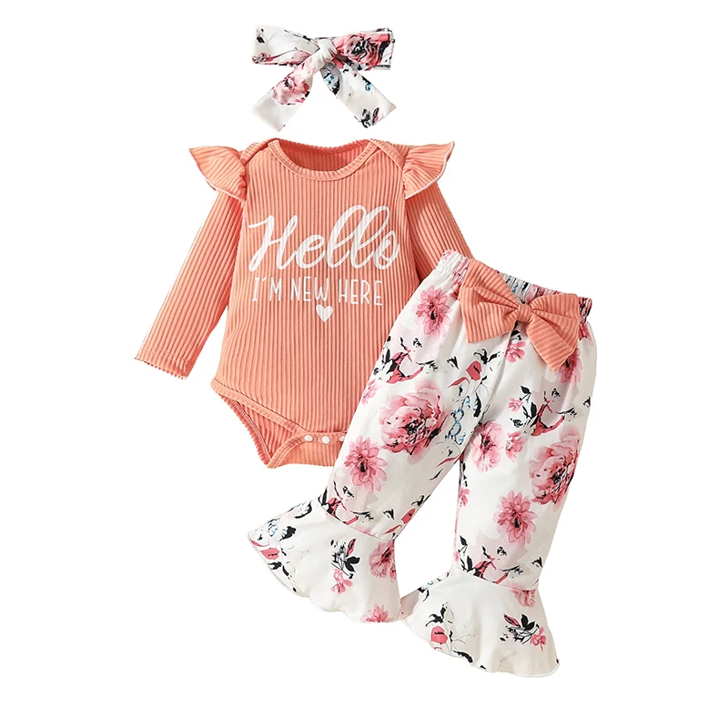 Newborn Baby Girl Clothing 3-18 Months Pit Stripe Long Sleeve Letter Bodysuit Printed Bell-Bottoms Pants 3 Pcs Suits Baby Set