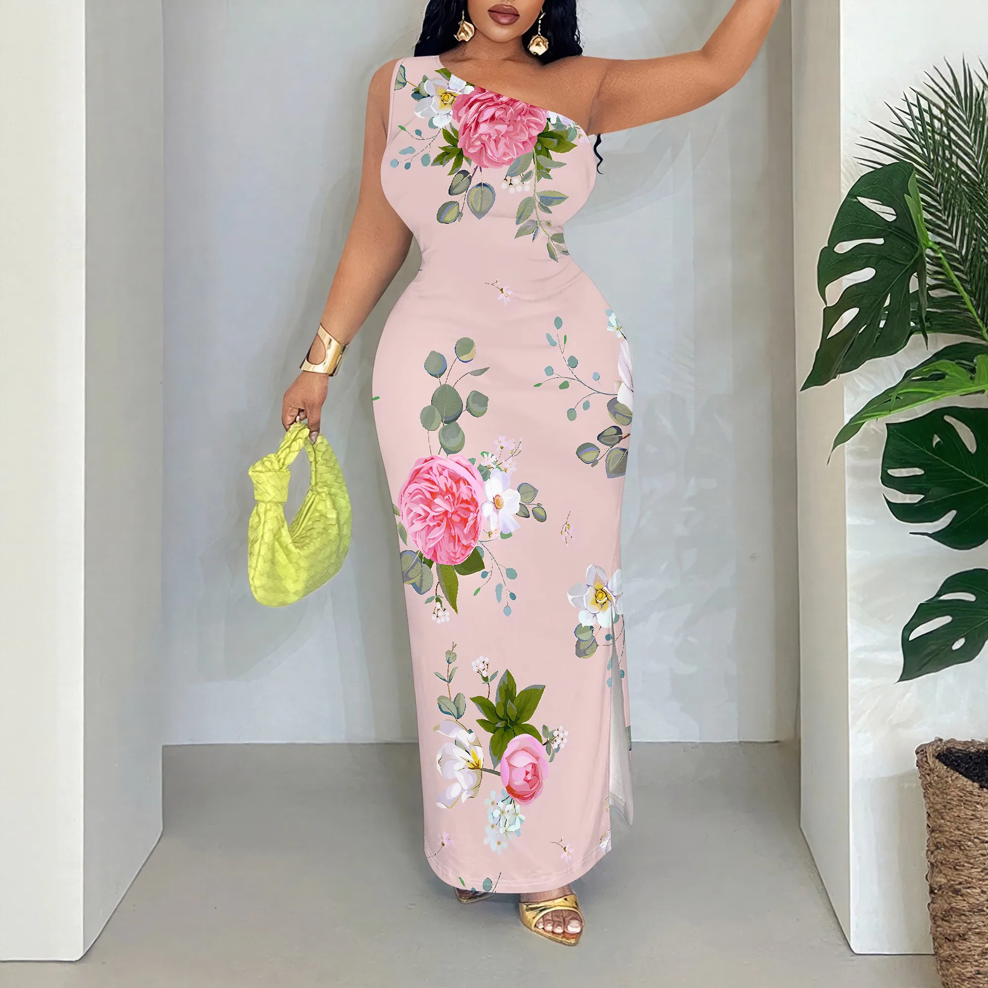 

Floral One Shoulder Maxi Dress, Pink Peony Print Sleeveless Bodycon Gown, Elegant Summer Evening Party Wear for Women S-2XL