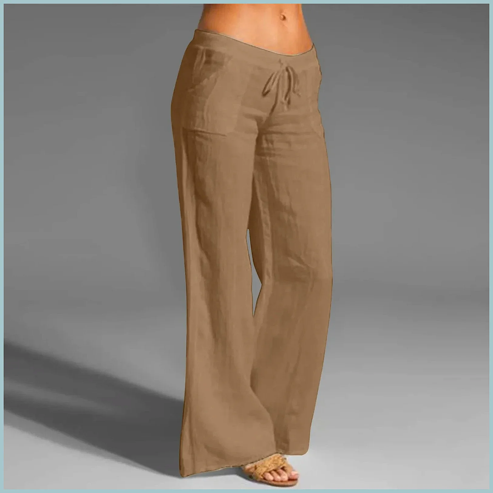 Women's High Waisted Wide Leg Pants - Elastic Drawstring Cotton Linen Trousers, Casual Fashion Straight Leg