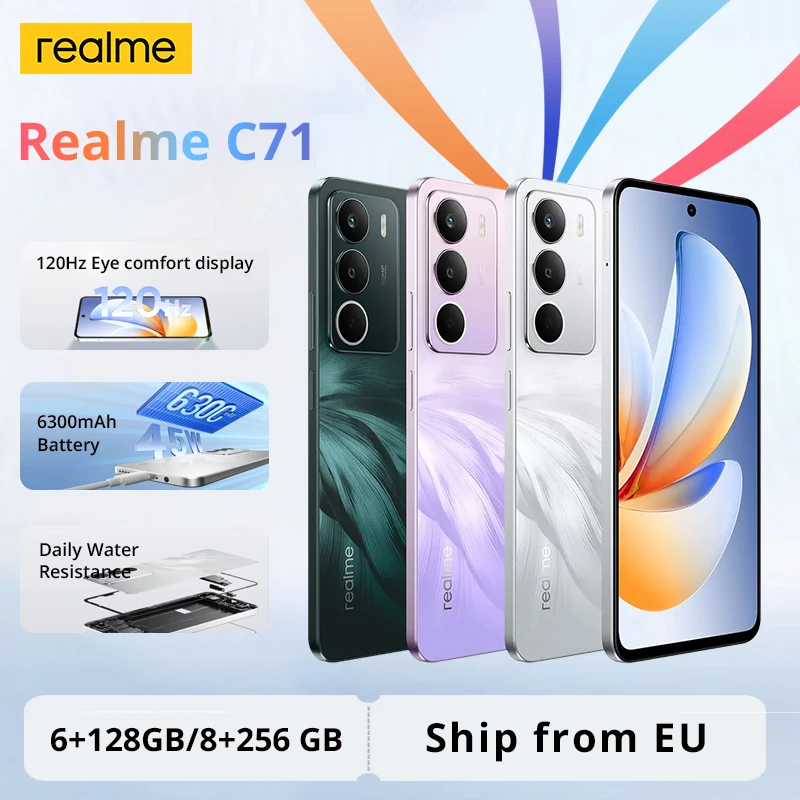 Smartphone Realme C71 Version Internationale 128 Go/256 Go, processeur octa-core, 120 Hz, batterie de 6300mAh 45W 50MP AI Camera
