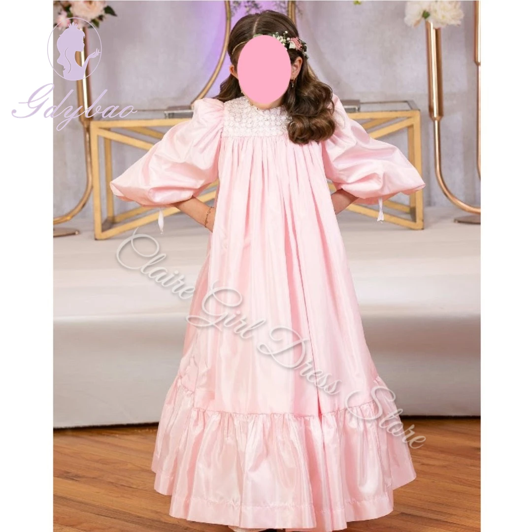 Vestidos de niña de flores rosas para boda, manga 3/4, tachuelas de diamantes, vestidos de fiesta de noche de cumpleaños para niños, vestidos de baile de primera comunión