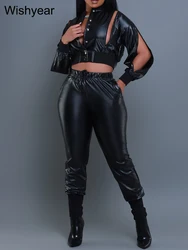 Vintage Black PU Faux Leather 2 Piece Sets Women Single-breasted Cutout Short Jacket Crop Tops and Pants Moto Biker Outfit y2k