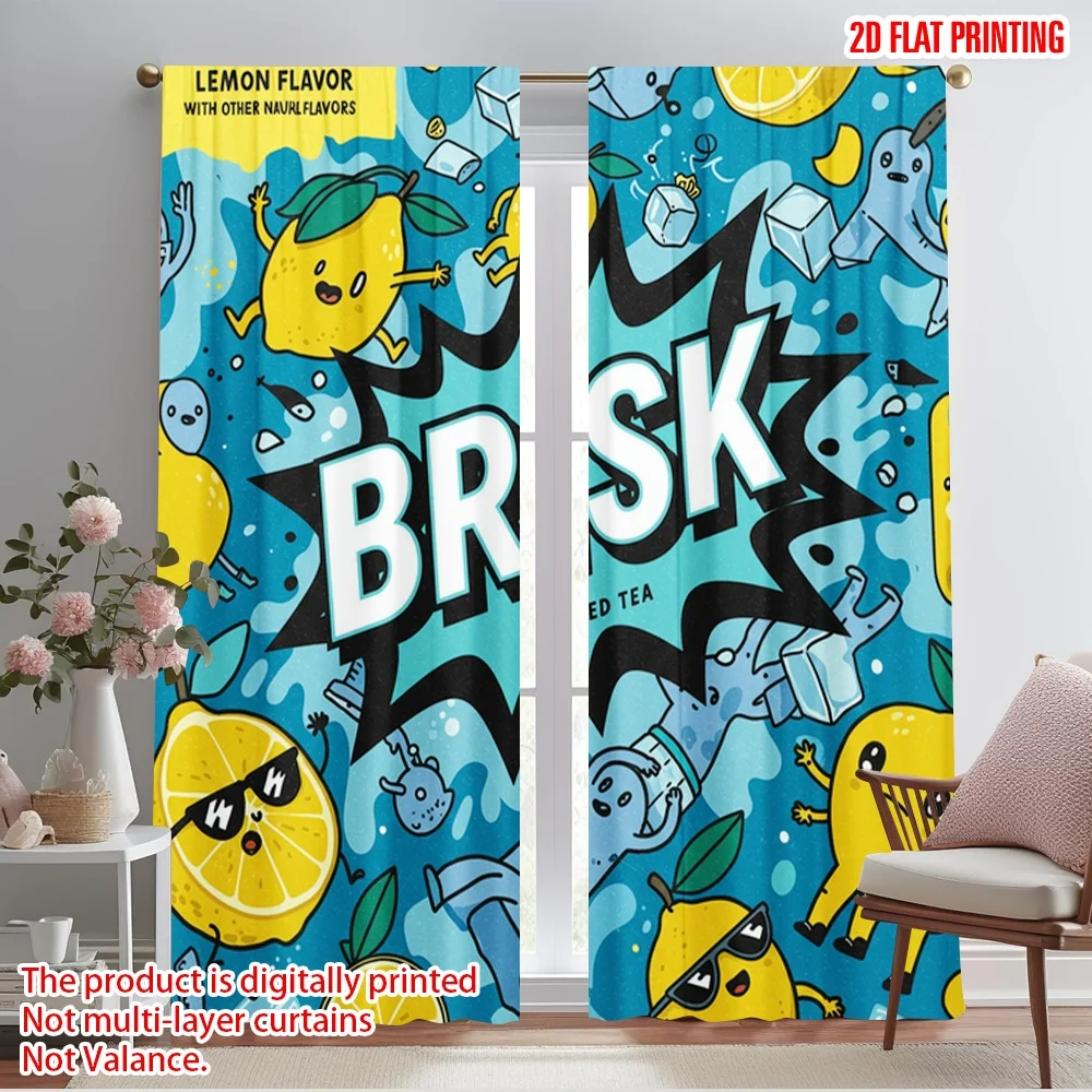 

2pcs 2D flat printing Window Curtains Brisk Lemon Iced Tea Fabric Without Electricity Festive Wall Decor for Classroom Office