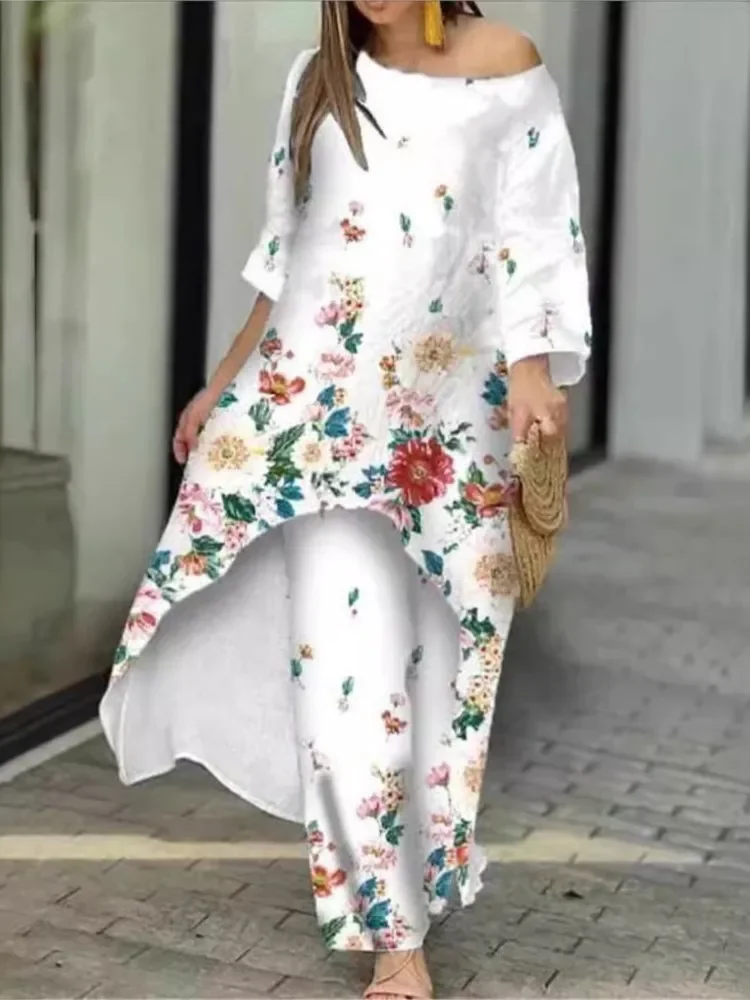 

Women Elegant Flower Print Two Piece Set Fashion Irregular Long Top + Wide Leg Pants Sets Casual Full Sleeve Loose Suits Female