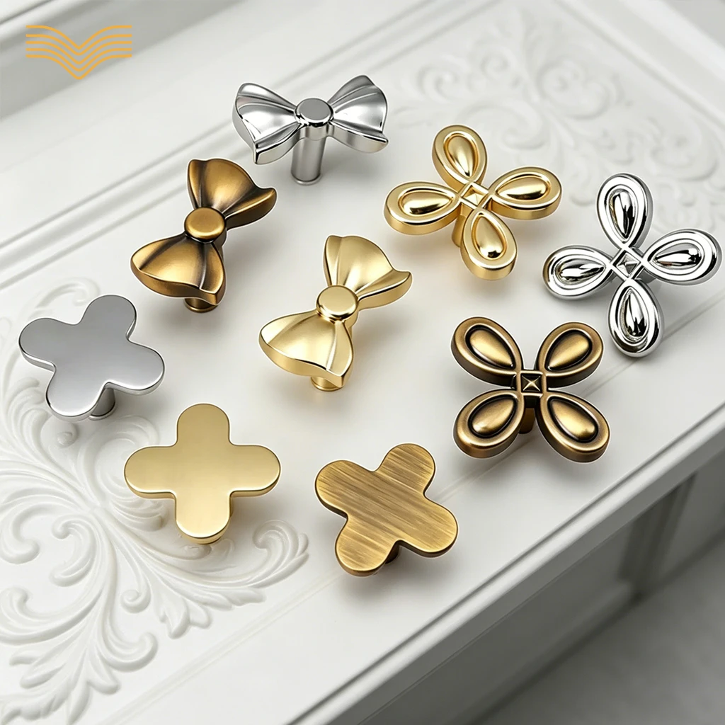 Four Leaf Clover Knobs French Bright Silver Bow Cabinet Pulls Nordic Light Luxury Solid Brass Handles For Wardrobe Cupboard