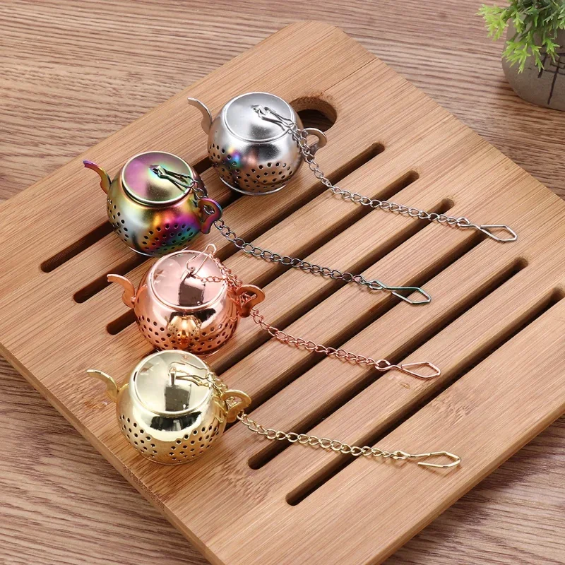 Metal Tea Strainer Teapot Shape Loose Tea Stainless Steel Infuser Leaf Tea Maker Strainer Chain Drip Tray Herbal Spice Filter